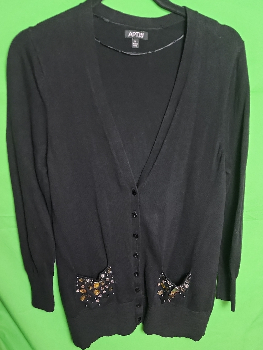 Apt. 9 Black Knit Button Down Cardigan with Beaded Rhinestone Pockets M
